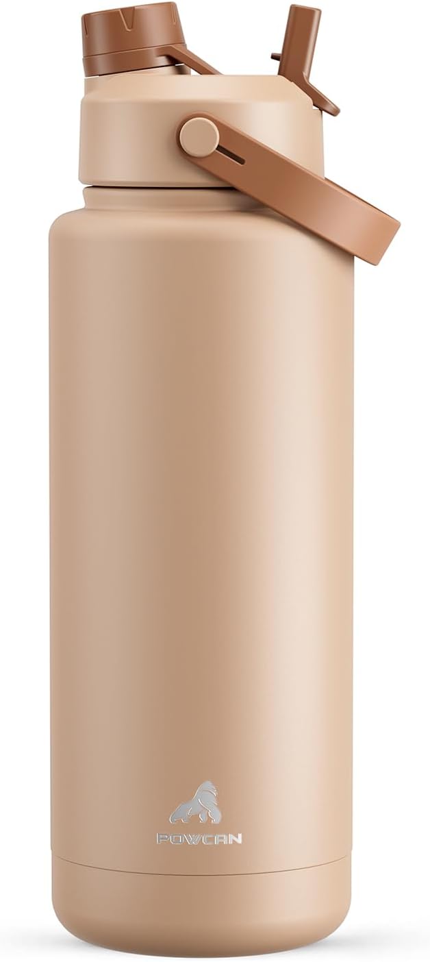 POWCAN 40 oz Insulated Water Bottle with 2-in-1 Straw and Spout Lid, Keep Cold 24H, Leak-Proof, BPA-Free, Double Wall Stainless Steel Water Bottle for Sports, Gym, Travel, and School (Mocha)
