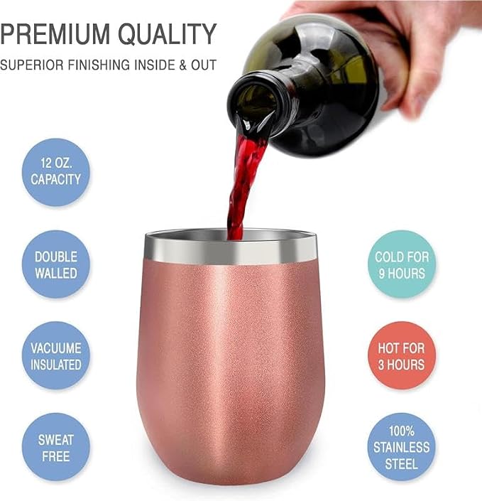 CHILLOUT LIFE 12 oz Stainless Steel Wine Tumbler with Lid - Double Wall Vacuum Insulated Wine Cup Glass Keeping Cold & Hot for Coffee, Champagne, Cocktails, Ice Cream - Rose Gold