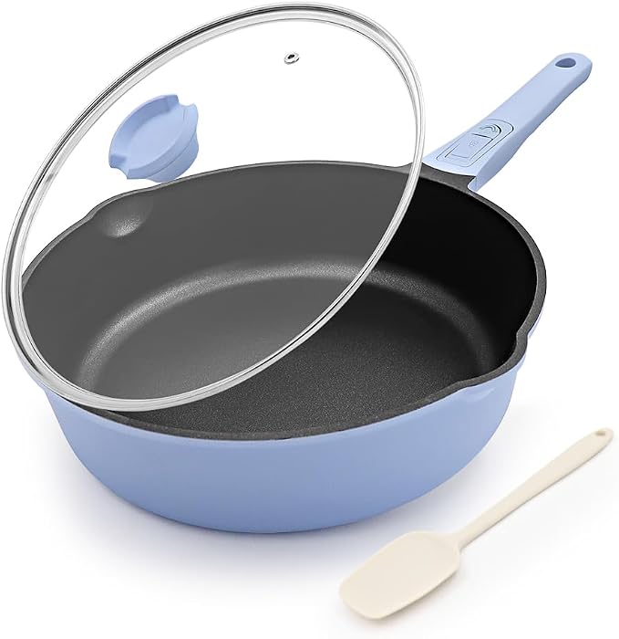 Small Deep Frying Pan with Lid, 8 Inch Non Stick Egg Skillet, Omelette Pan Non Toxic, Mini Pans for Cooking, Induction Cookware, Compatible with All Stoves, Detachable Handle, Oven Safe, Blue