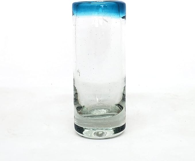 Aqua Blue Rim 2 oz Tequila Shot Glasses (set of 6), Recycled Glass, Lead-free, Toxin-Free (Shot)
