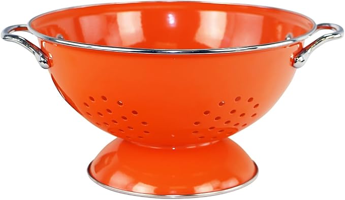 Reston Lloyd, 3 Quart Powder Coated Steel Kitchen Strainer Basket for draining Pasta, Vegetable and Fruit, Chrome Handles and Wide Stable Base, Orange
