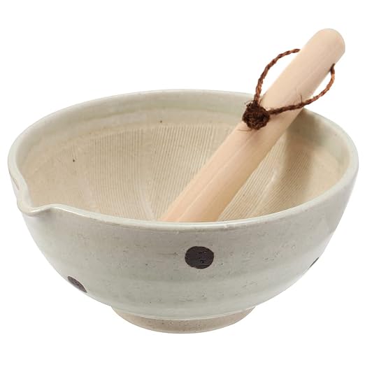 Japanese Ceramic Ripple Ridge Mortar & Pestle Suribachi Bowl and Surikogi Set with Spout 7.1 inches Made in Japan (White)