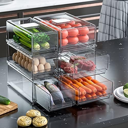 YekouMax Pantry Organizers and Storage Bins, Refrigerator Organizer, Plastic Stackable Storage Bins with Drawers, Pull-Out Cabinet Containers for Fridge Kitchen Office (2 PACK, Extra Large & Medium)