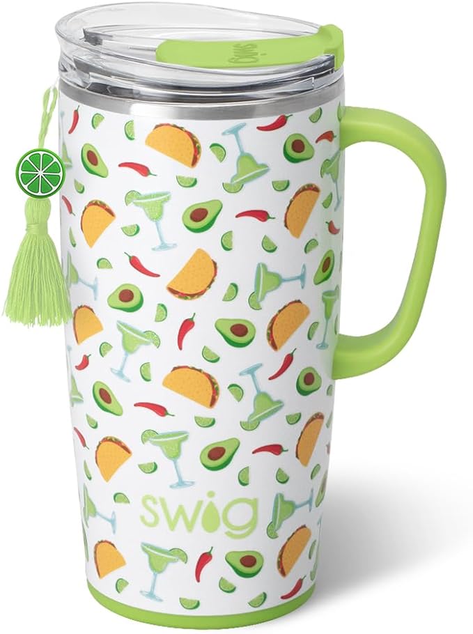 Swig Life 22oz Insulated Travel Mug with Handle & Lid, Taco Night | Triple Insulated Stainless Steel - Handle & Lid Included - Keeps Coffee Hot or Cold - Cup Holder Friendly