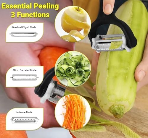 Julienne Peeler Vegetable Peeler - Potato Cabbage Fruit Cucumber Carrot Peeler and Julienne Shredder tool for Kitchen - Multi-Function Stainless Steel Peeler Slicer Knife Julienne Set 3 In 1