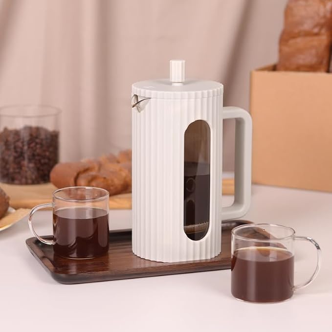 French Press Coffee Maker, 34 oz, Heat Resistant, Borosilicate Glass, 4-level Filtration (white)
