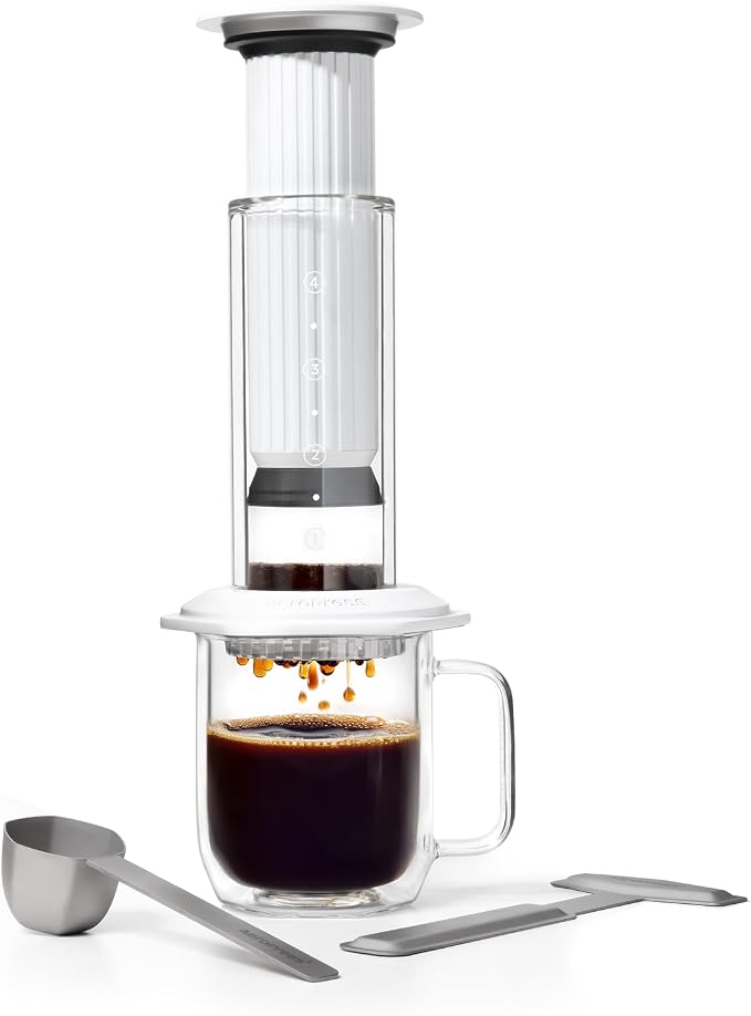 AeroPress Premium Coffee Press, Glass, Stainless Steel & Aluminum, White | Glass, Stainless Steel & Aluminum, All-in-One French Press, Pour-Over & Espresso-Style, Manual Brewer, 2 Min Brew