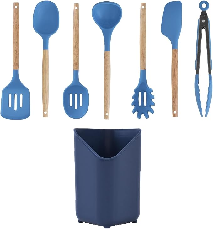 Glad Silicone Kitchen Utensils Set, 8pcs - Nonstick Cooking Tools with Wooden Handles and Utensil Holder - Spatula Set with Turner, Ladle, Spoons, Tongs, and Spaghetti Server - Blue