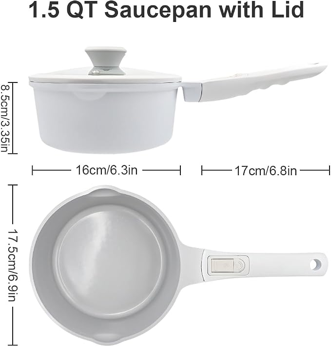 AIKENBBKK Small Sauce Pan with Lid, 1.5 Qt Ceramic Saucepan with Lid, Non Stick Sauce Pan, Milk Pot & Sauce Pot & Saucepan with Pour Spout, Detachable Handle Milk Pan, Induction Compatible, White