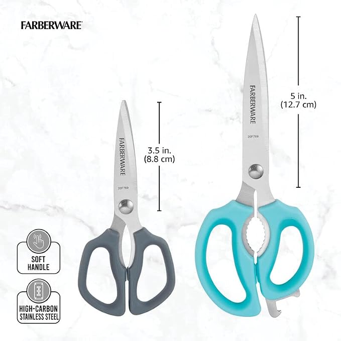 Farberware Comfort Grip Kitchen Scissors, 2 Pack, Aqua and Gray