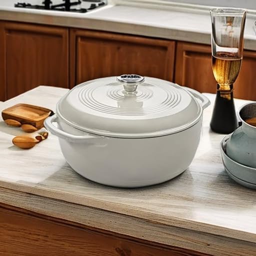 Lodge 3 Quart Enameled Cast Iron Dutch Oven with Lid – Dual Handles – Oven Safe up to 500° F or on Stovetop - Use to Marinate, Cook, Bake, Refrigerate and Serve – Oyster White