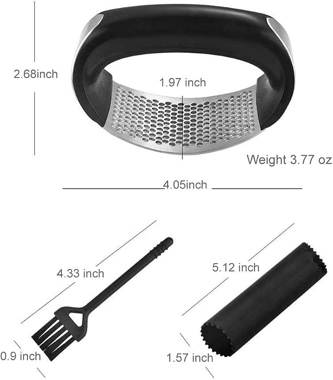 Garlic Press Rocker, Stainless Steel Garlic Crusher, Mincer and Chopper | Garlic Squeezer Easy Kitchen Gadget with Silicone Tube Garlic Peeler and Cleaning Brush Tool Set for Effortless Smashing