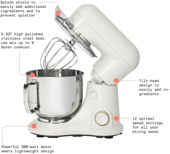 Wonderful Kitchen Stand Mixer 5.3 Qt Bowl, 12 Speeds Tilt-Head, Dough Hook Flat Beater Whisk for Baking Tasks Metal Build for Baking (White Icing)