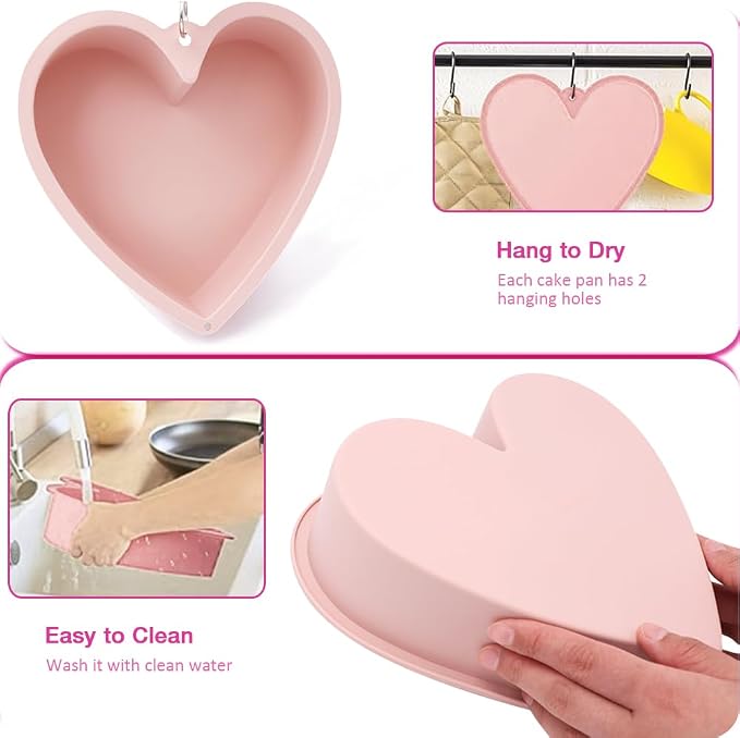 Alimat PluS 8 Inch Heart Shaped Cake Pans Set of 2 with Hanging Hole(Pink) | Silicone Material
