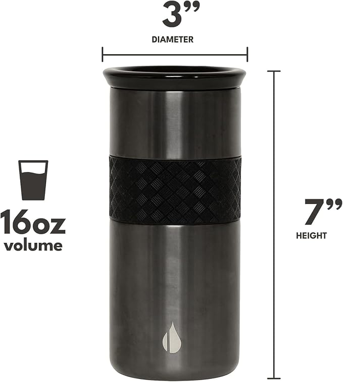 Elemental Artisan 16oz Triple-Wall Insulated Coffee Tumbler w/Ceramic Lid | Triple Wall Coffee Travel Mug, Reusable Stainless Steel Coffee Tumbler; Thermal Coffee Cups for Hot (6 Hrs) & Cold (18 Hrs)