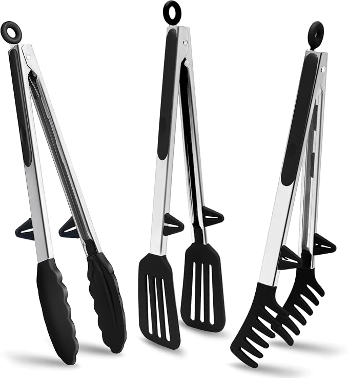 12" Kitchen Tongs for cooking with Silicone Tips, 3Pcs Serving Tongs, Black | Small Silicone Tongs mit kickstand, Food Grade, 3 different type of tongs, Stainless Steel