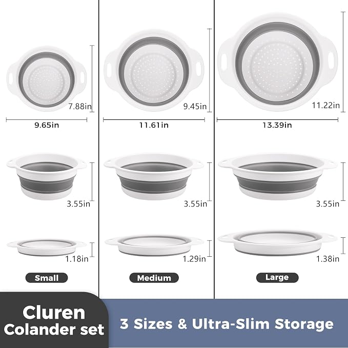 Collapsible Colander Set with Oversized Draining Tray | 3-Pack Foldable Kitchen Strainers + Base | Space Saving for Pasta, Veggies, Fruit & Rice | 5 Colors (Gray-White)