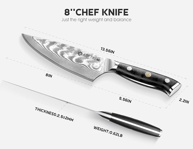 ASETY Damascus Chef Knife 8 inch, Japanese Knife with VG10 Steel Core | Ultra Sharp Kitchen Knife, Professional Cooking Knife with Sheath, Full Tang G10 Handle, NSF Food-Safe, Knife for Men Home