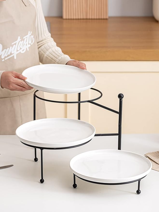 Kanwone 3 Tiered Serving Stand with White Porcelain Plates, 10.3" Round Tray, Dessert Table Display Set, Black Metal Stand, Versatile & Durable