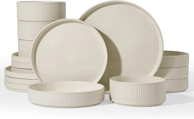Famiware Star Stoneware Dinnerware Sets with Pasta Bowls, 16pc Dishes for 4 | Ceramic Flat Plates and Double Bowls. Chip & Scratch Resistant. Microwave & Dishwasher Safe, Everyday & Party Use, Oat White