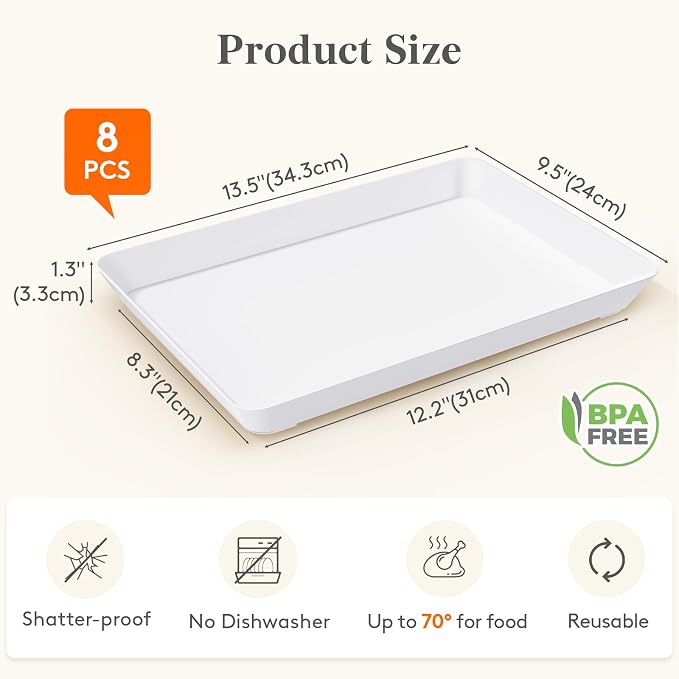 Lifewit 8 Pcs Serving Tray for Party Supplies, Reusable Plastic Food Serving Platter for Dessert, Snacks, Fruit, Cookies, Appetizers & Charcuterie, BPA-Free White Catering Trays for Buffets Display