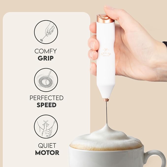 Zulay Kitchen Powerful Frother Wand AA Batteries Included, Ultra Fast Handheld Drink Mixer, Comfort Milk Frother, Stainless Steel Whisker, Frother Handheld for Coffee, Protein & Matcha - Frothmate 2.0