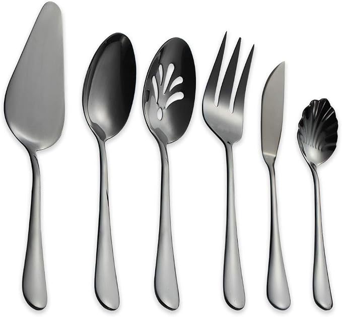 Berglander Stainless Steel Black Titanium Plated Flatware Serving Set 6 Pieces, 5 Serving Pieces of 45 Pieces Flatware With 1 Cake Server, Serving Silverware Set (Shiny Black)
