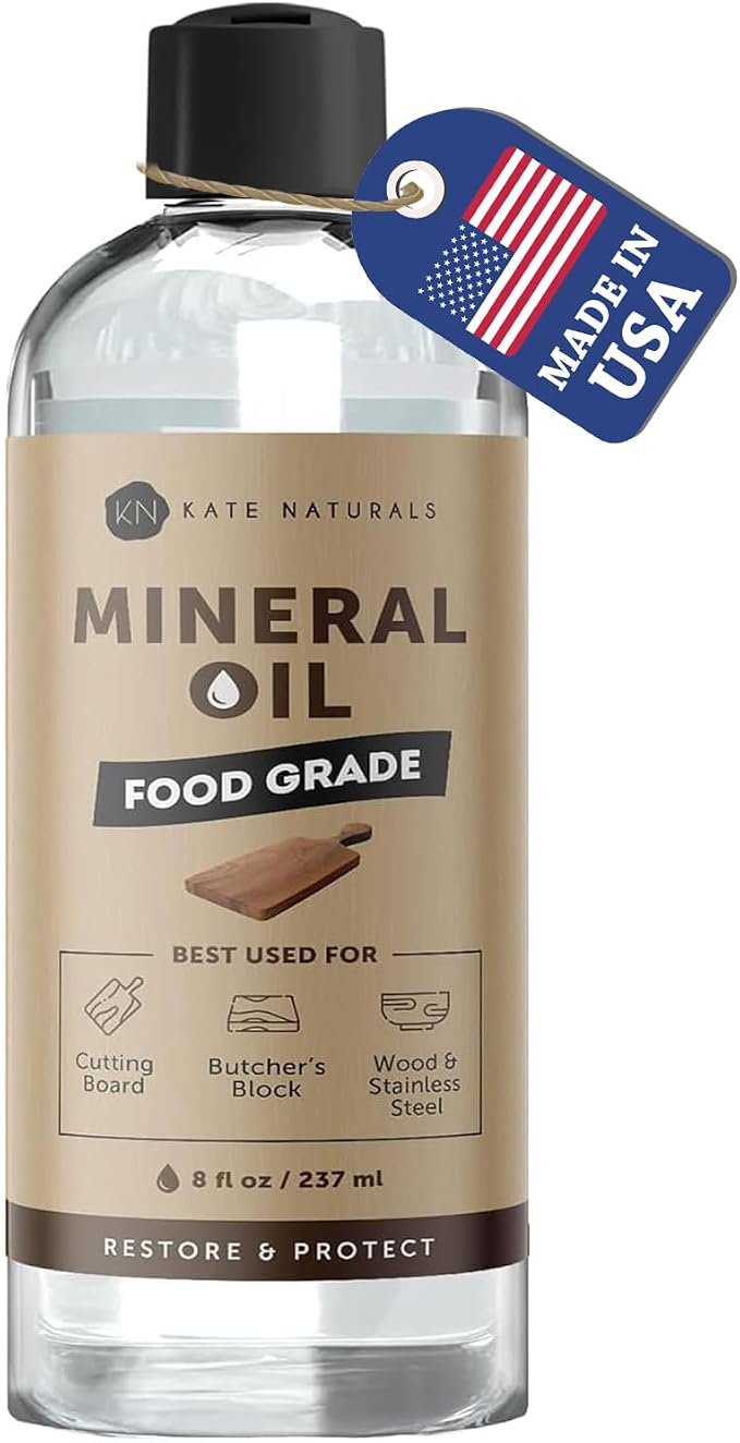 Kate Naturals Mineral Oil for Wood Cutting Board, Food Grade, Odorless, 8oz | Food Safe Mineral Oil to Protect Wooden Cutting Board, Butcher Block, Utensils, Bamboo Boards, Stainless Steel Knife