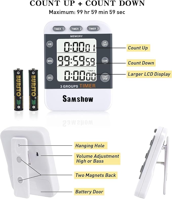 Samshow Digital Kitchen Timer, 3 Channels | Count UP/Down, Large Display, Adjustable Volume Alarm, Magnetic Back, Stand, Battery Included