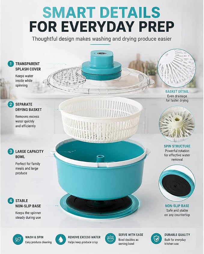 Automatic Fruit and Vegetable Spinner & Strainer - Fruit Washer and Lettuce Spinner with Drain Basket, Salad Spinner for Lettuce, Greens, Produce & Kitchen Meal Prep，Blue