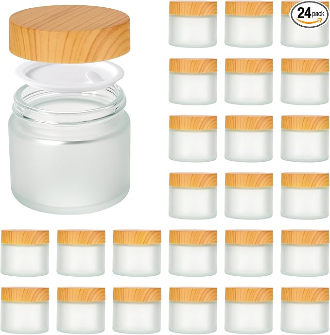 2oz Jars with Lids, Hoa Kinh 24 Pack Frosted Glass Jars with Woodgrain Lids | Empty Cosmetic Containers Round Airtight Glass Jar with Inner Liners and Lid for Storing Lotions, Powders, and Ointments