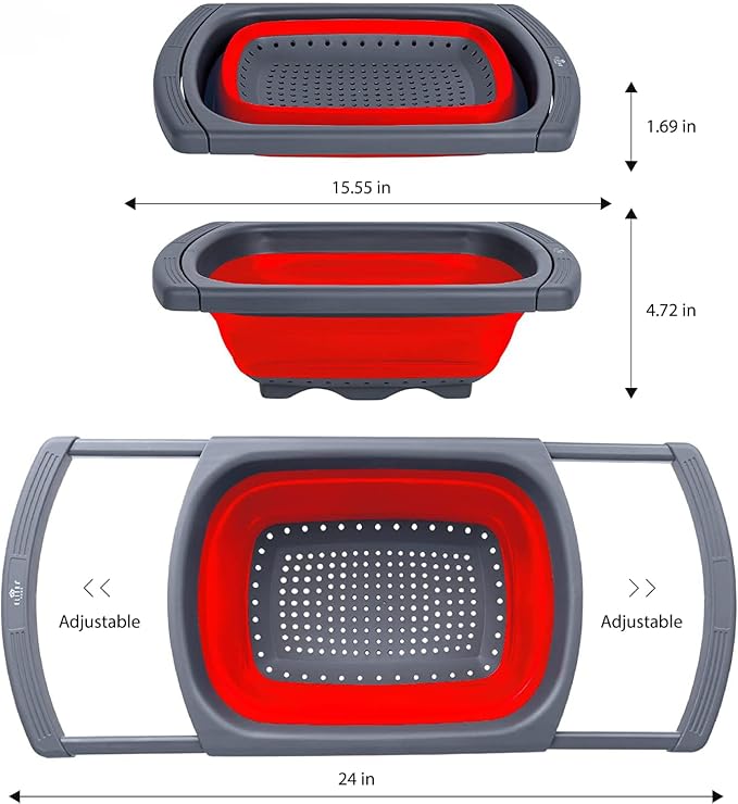 Collapsible Colander Strainer with Extendable Handles - Over the Sink Vegetable/Fruit Colanders Strainers for Kitchen, Capacity of 6 quart (Red)