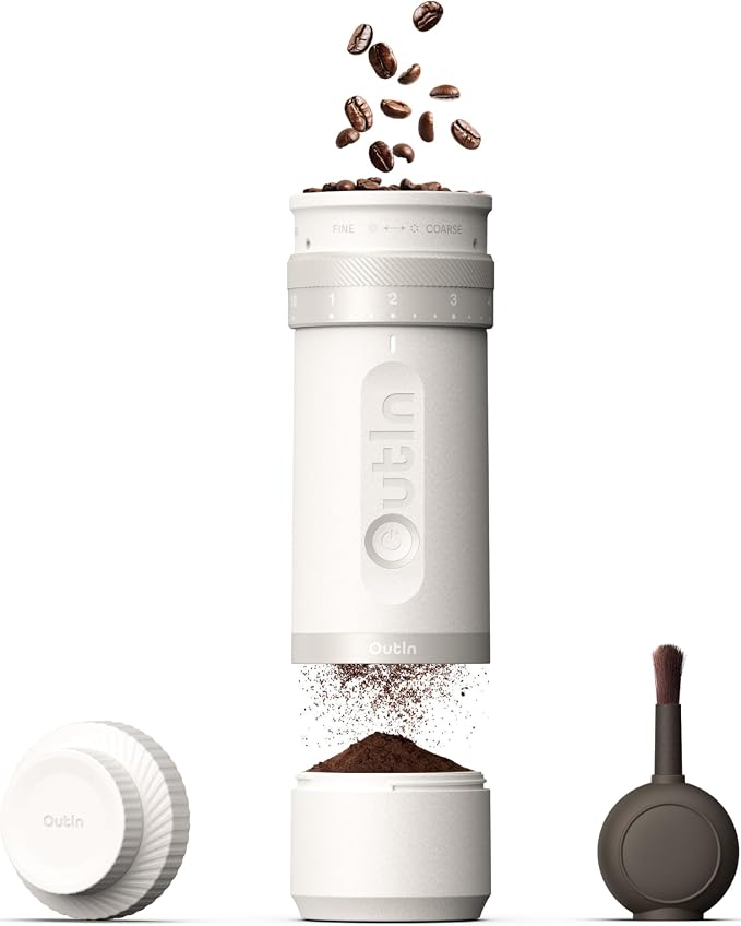 OutIn Fino Portable Electric Coffee Grinder with 28 Precise Grind Settings | Adjustable Coffee Bean Grinder, One-Touch Burr Grinding, Fast-Charge Battery, Auto-Stop & Clog Protection, Sandstone White