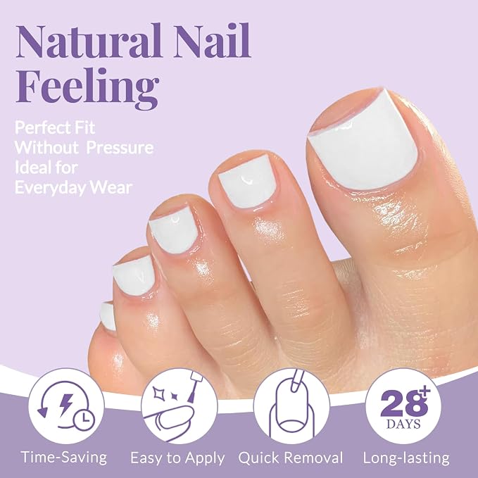 AddFavor 160pcs White Press on Toenails for Women, Full Cover Fake Toe Nail Tips with Adhesive Tabs, Artificial Pedicure Toe Nail Press ons, White False Toenail Press ons