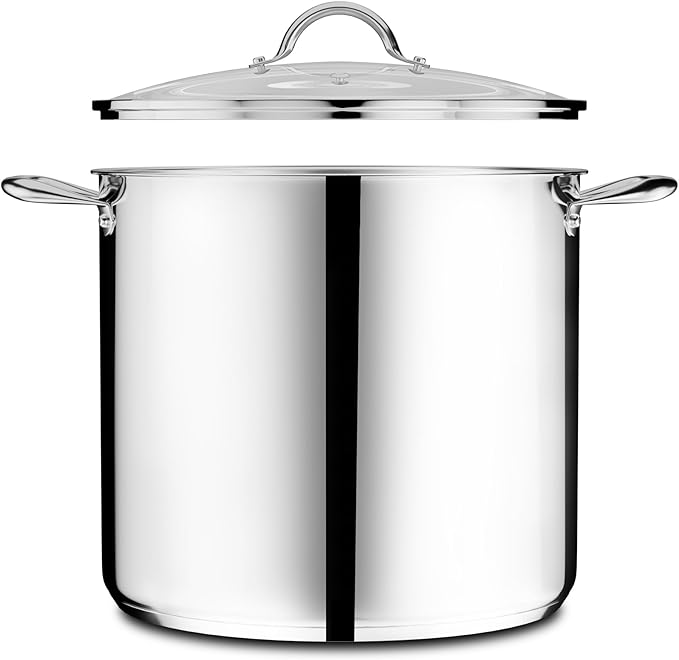 Stainless Steel Stockpot with Tempered Glass Lid 19 Quart, Durable 18/0 Stainless Steel, Impact-Bonded Base for Even Heating, Riveted Handles, Oven & All Stove Compatible, Safe Up To 500°F (260°C)