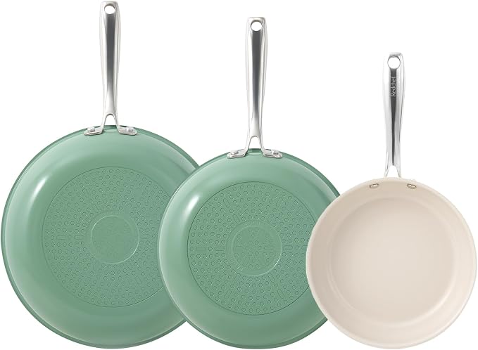 Redchef Non Stick Ceramic Frying Pan Set, Non Toxic Ceramic Pans for Cooking, 8" 9.5" 11" Skillet Set, No PFAS & PTFE & PFOA with Stainless Steel Handle, Dishwasher & Oven Safe Max up to 842°F (Green)