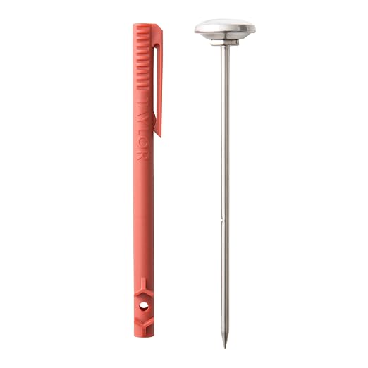 Taylor Instant Read Analog Meat Food Grill BBQ Cooking Kitchen Thermometer with Red Pocket Sleeve for Calibration, 1 inch dial, Stainless Steel