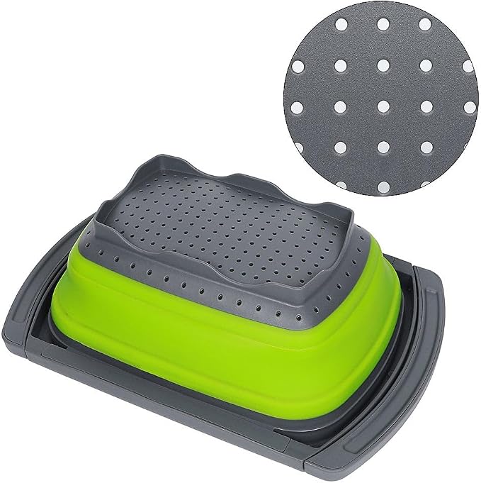 Collapsible Colander Strainer with Extendable Handles - Over the Sink Vegetable/Fruit Colanders Strainers for Kitchen, Capacity of 6 quart (Green)