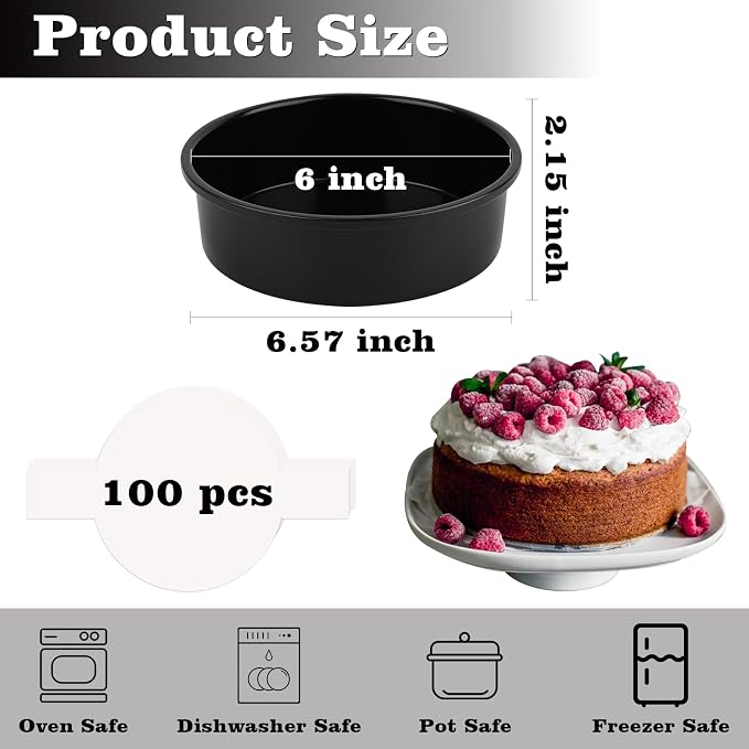 HUAKENER 6 Inch Cake Pan, 6" Round Cake Pan with Parchment Paper | Set of 3 Round Cake Pans with 100 Pieces Parchment Paper, Non-stick Cake Baking Pans, Dishwasher Safe