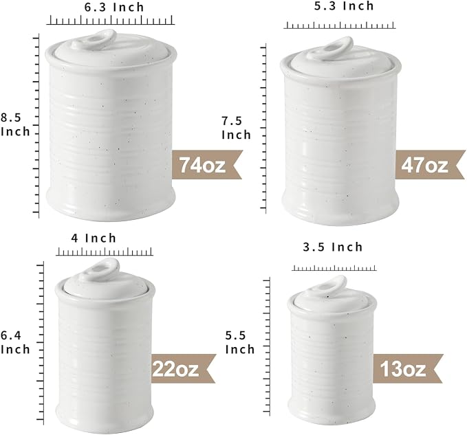 Nihow Food Storage Jar, Ceramic Canister Sets for The Kitchen,Set of 4 | Air Tight Ceramic Lid, Flour/Sugar/Rice/Coffee/Cookies/Candy,Matte White