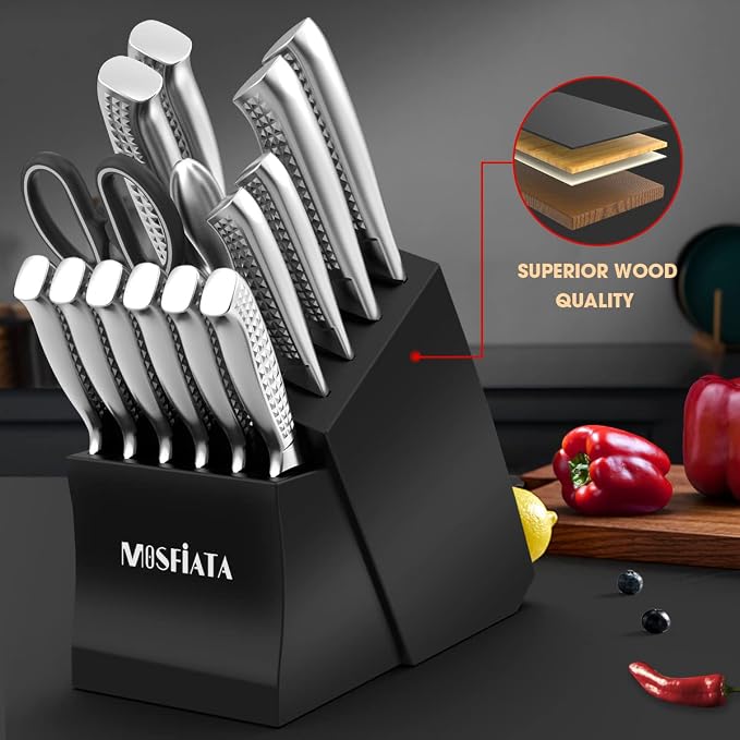MOSFiATA Japanese Stainless Steel Knife Set, 17 Pcs with Block | Knife Sharpening Rod, Dishwasher Safe, Dad Birthday Gift
