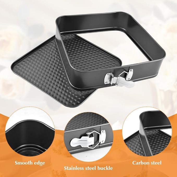 Springform Pan Set of 3 (9,10,11 Inch) - Square Shaped Leakproof Cheesecake Pans with Removable Bottom, Nonstick Carbon Steel Cake Tin for Valentine‘s Day, Anniversary Baking (Square)