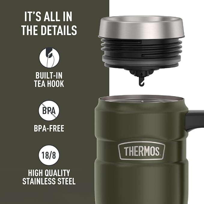 THERMOS Stainless King Travel Mug with Handle, 16oz, Army Green | Vacuum-Insulated Travel Mug with Handle for Hot & Cold Drinks, Stainless Steel Coffee Mug with Lid for Commuting