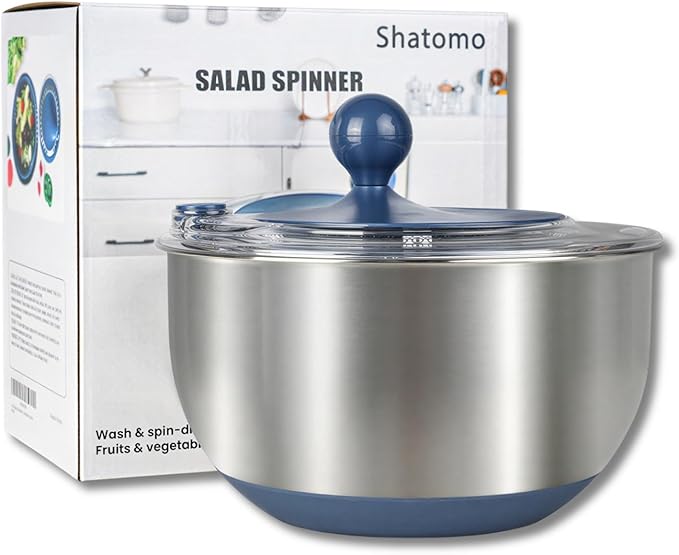 Stainless Steel Salad Spinner, 5.3 Qt Lettuce Spinner with Non-Slip Base, Drain and Stop Button, Fruit and Vegetable Washer and Dryer Spinner, Blue