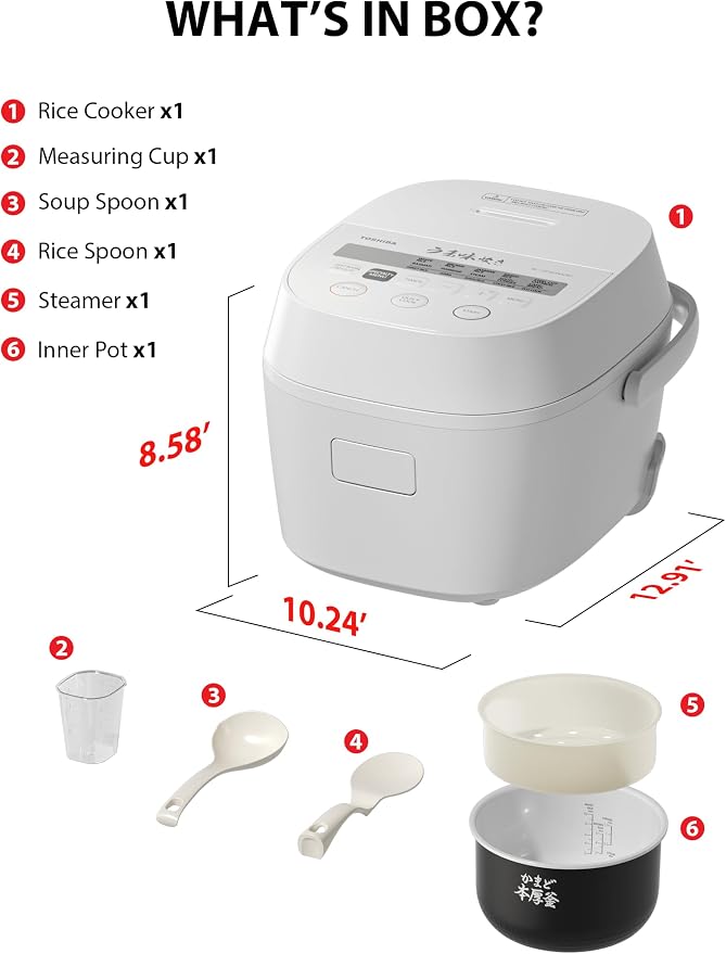 TOSHIBA OriginTaste Rice Cooker 5.5-Cup Uncooked, Fuzzy Logic, 15-in-1 Functions, Digital Display, Delay Timer, Keep Warm, Nonstick Inner Pot, White