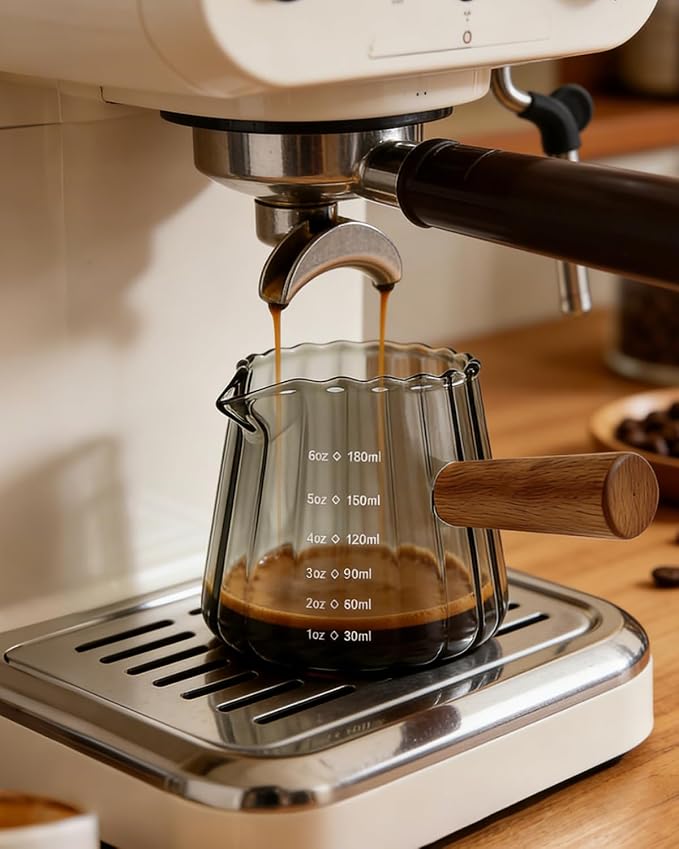 Espresso Measuring Cup 6 Oz, Espresso Glass Cups with Wood Handle, Milk Frothing Cup, Espresso Cup for Coffee, Milk, Tea or Maple Syrup Serving