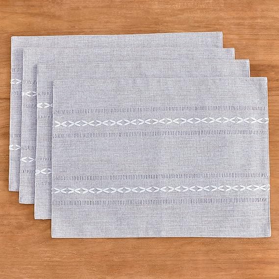 Wracra Cotton Linen Place Mats, Grey Embroidered Placemats Set of 6 | Placemats 12 x 18 Inch; Cotton Linen Woven Fabric; Heat Resistant Table Mats; Raised Embroidered Hollow Design