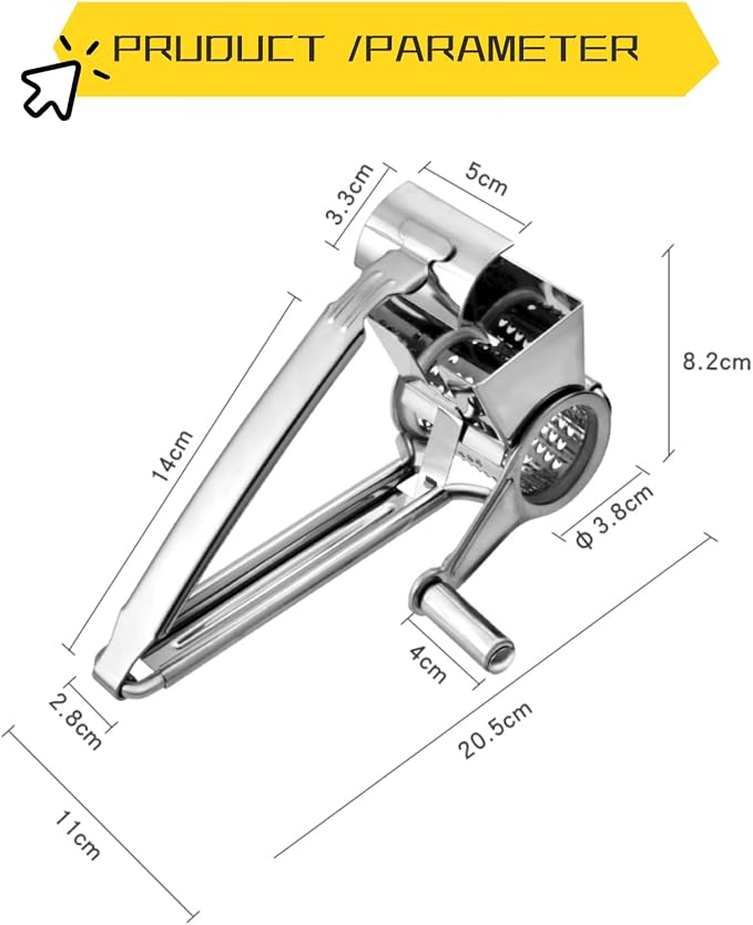 Manual Rotary Cheese Grater, 304 Stainless Steel Hand-Crank | Manual Cheese Grinder for Parmesan, Cheddar, Chocolate, Nuts & Vegetables