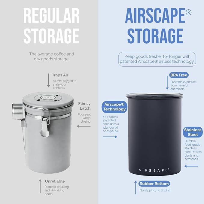 AirScape by Planetary Design | Airless Coffee Storage | 500g | Matte Black | Container | US Patented Inner Plunger Lid REMOVES Excess Oxygen | Don't Buy airtight, Buy AIR-Less | (Medium, Matte Black)