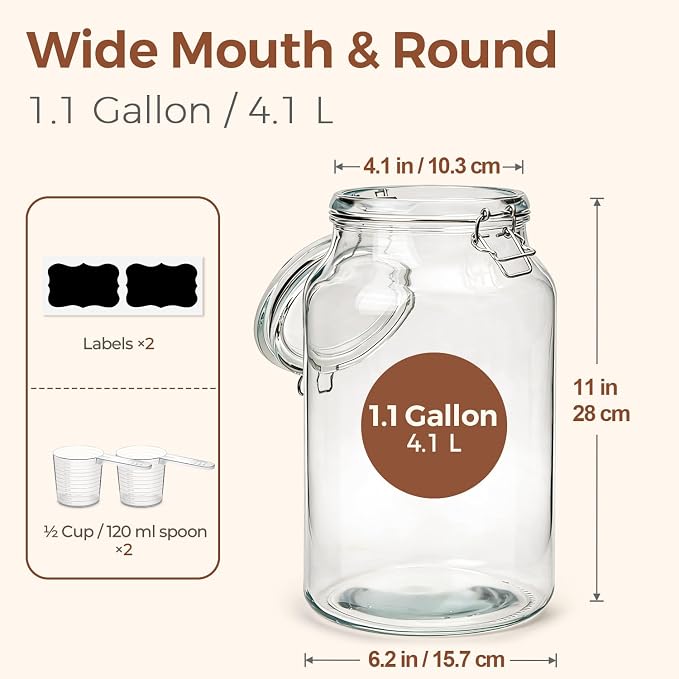 ComSaf Large Glass Jars with Airtight Lids 1.1 Gallon 2 Pack Wide Mouth | Flour sugar rice, Kombucha kimchi, Sourdough pickling, Pantry organization, Pickling fermenting, Cabinet organization